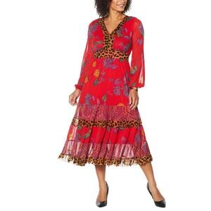 IMAN Global Chic Long Sleeve Mesh Midi Dress Red Floral Leopard Trim NWT XS